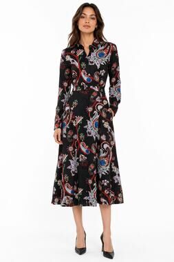 Mary Katrantzou Midi Shirt Dress Womens 4 Black Paisley Button Front Long Sleeve